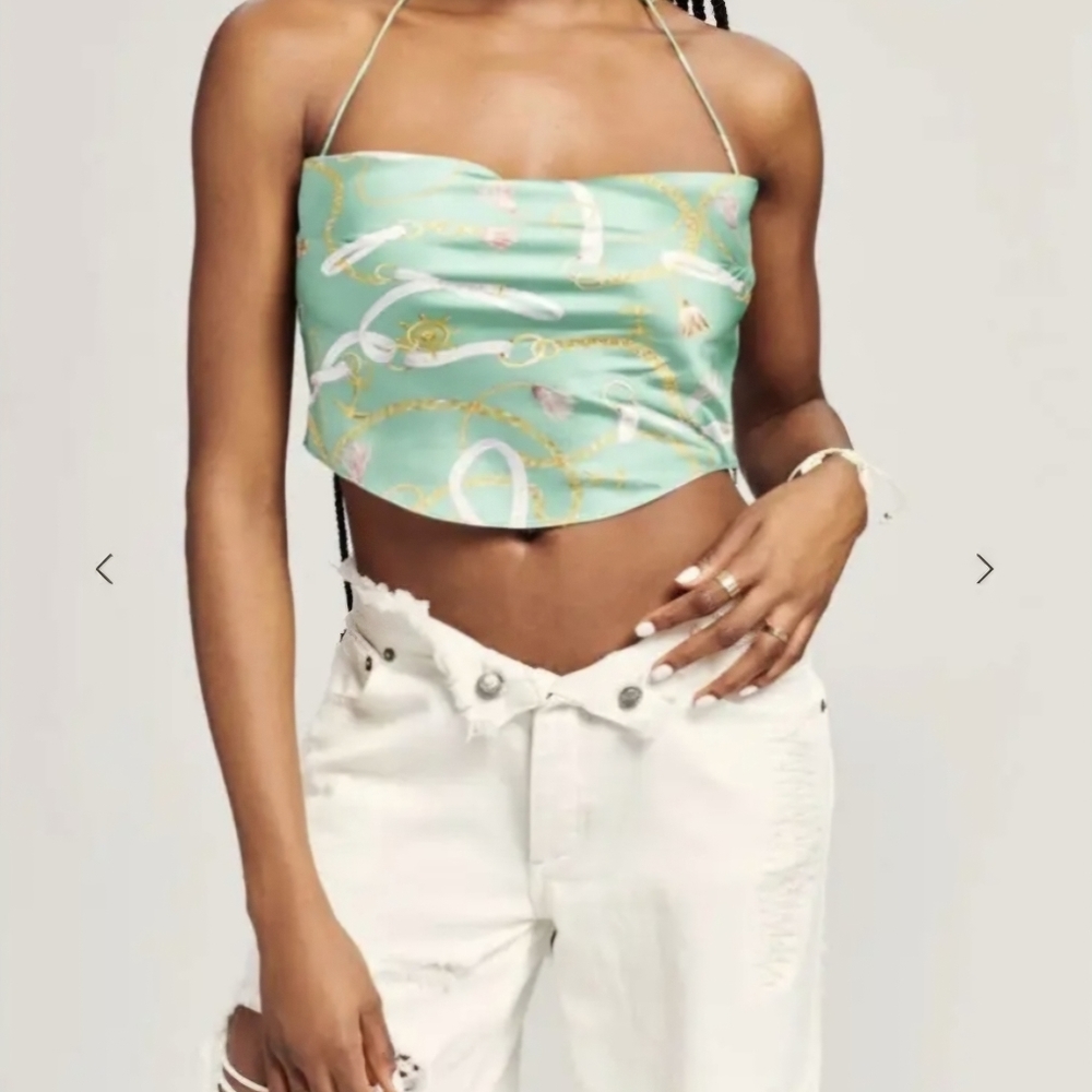 ✨NWT Ellison SEROYA Print Silk Top Green Nautical Halter Size XS